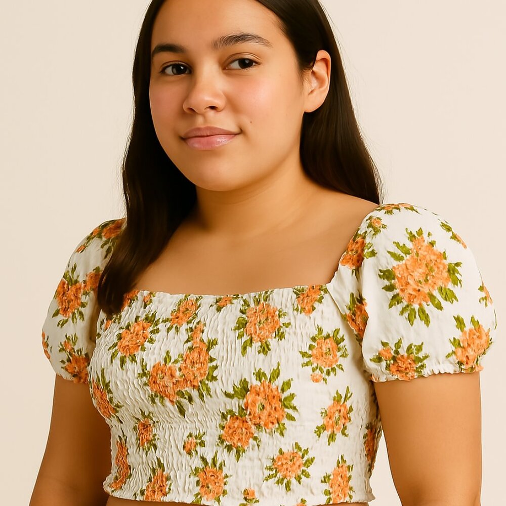 Stella Tweed Girl  Crop Top Off the Shoulder Floral Print Cream Orange Large 14